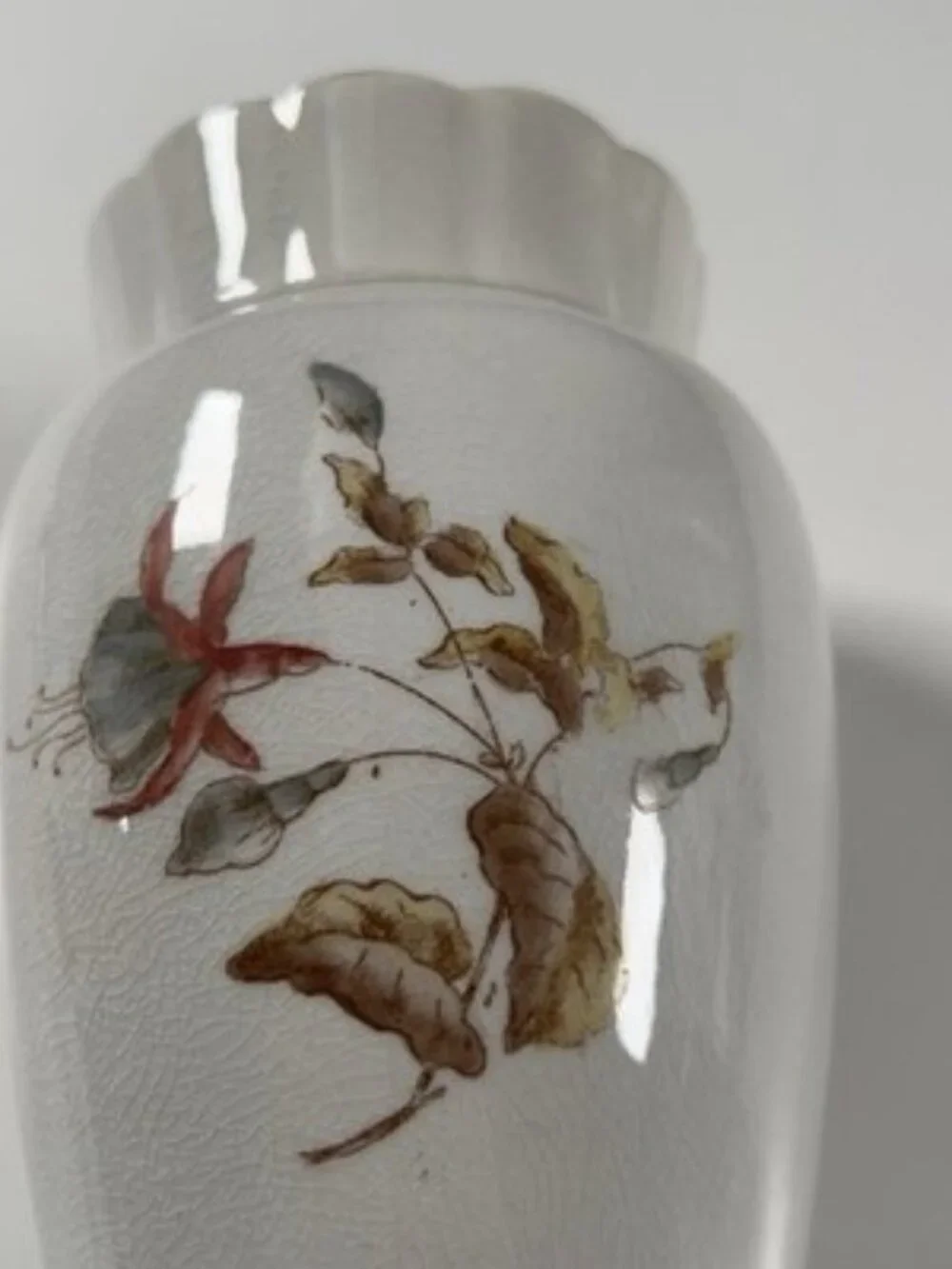 Antique Pre-1895 O.P. Co. Ironstone Vase Fuchsia Floral Scalloped Rim Syracuse